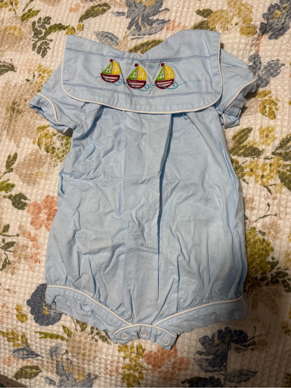 Light Blue Sailboat Embroidered One-Piece Romper
